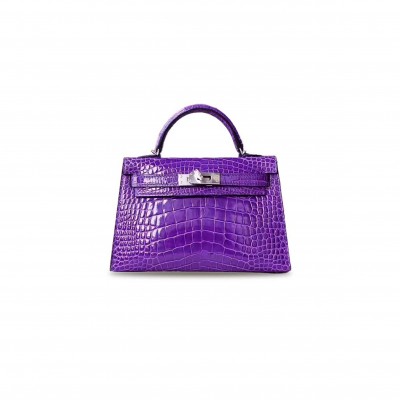 HERMÈS MASTER MINI KELLY II GLOSSY CROCODILE LEATHER EXTREME PURPLE FANTASY PURPLE SILVER BUCKLE (19*12*5.5cm) 
